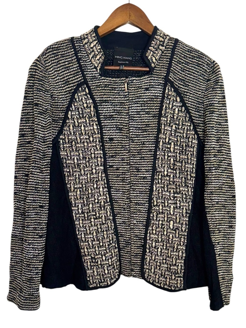 Ming Wang Sapphire Black White Cream Zip Up Textured Cardigan Jacket Career LG